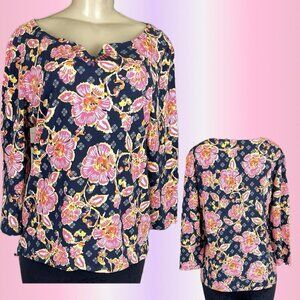 Ruby Rd L Pink-Navy Floral Detail Beaded Split Neckline Cotton 3/4 Sleeve Top